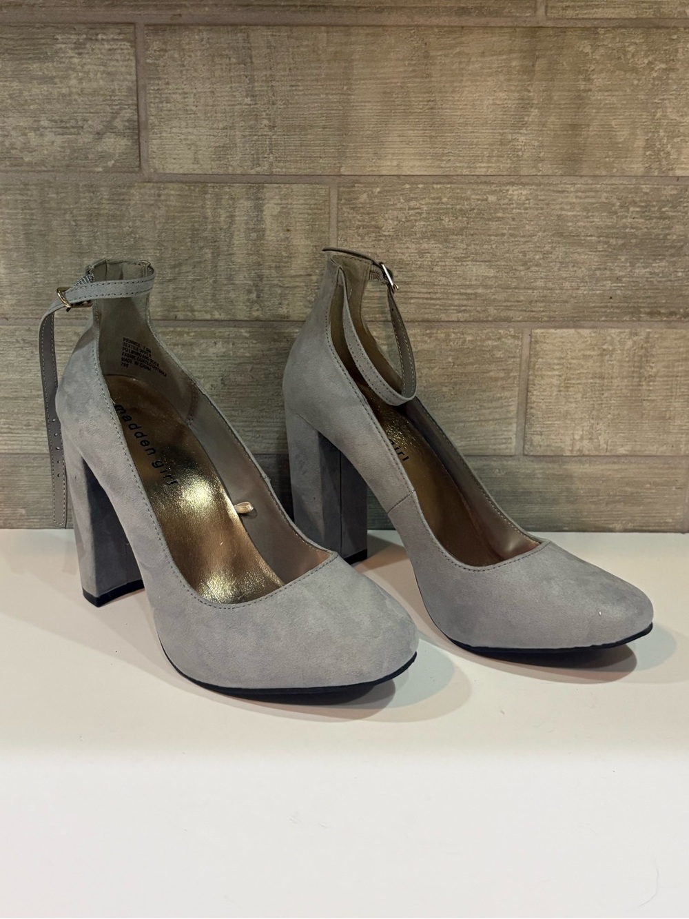 Madden Girl Prinnce Gray Suede Ankle-Strap Block Heels
